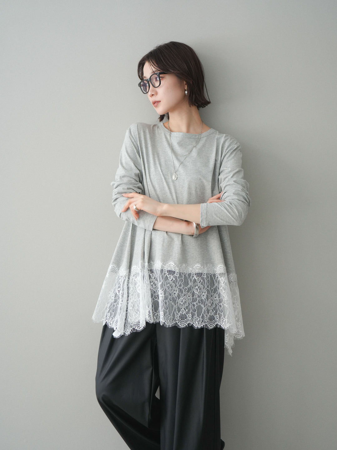 [SET]裾レースロングスリーブTシャツ+選べるアクセセット(2set)
