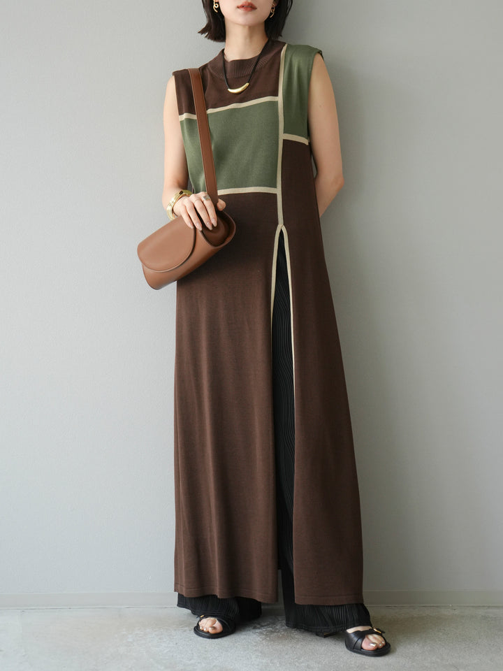 [SET] 配色開衩針織洋裝 + 波浪滾邊休閒褲 (2件套)