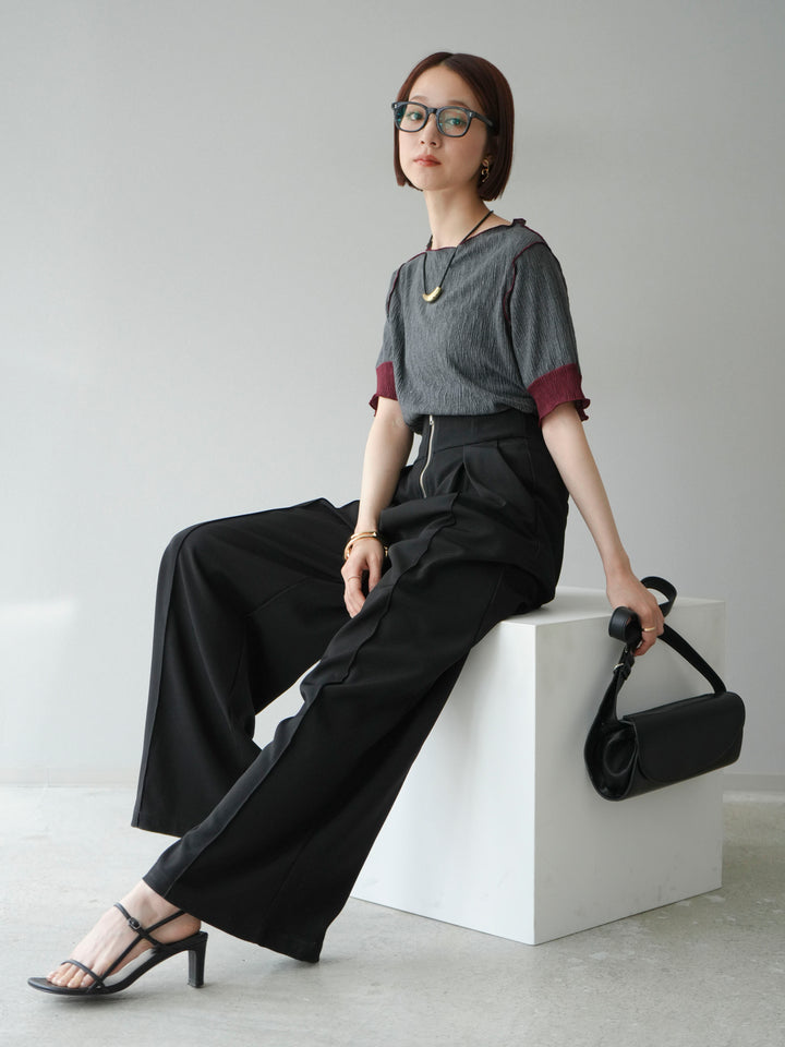 [SET] 百褶同色船領套頭衫 + 拉鍊褶襉寬褲 (2 套)