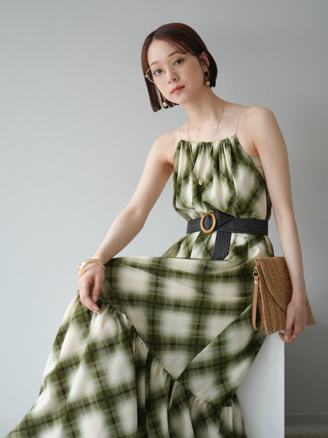 [予約]ベルト付チェックノースリーブワンピース/グリーン
