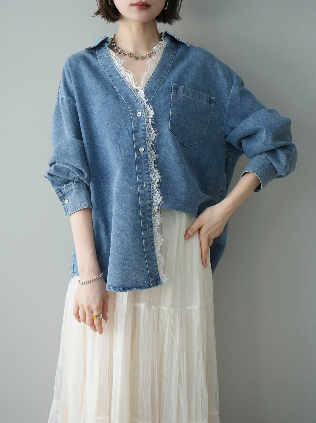 [SET]レースレイヤードデニム開襟シャツ+選べるアクセセット(2set)