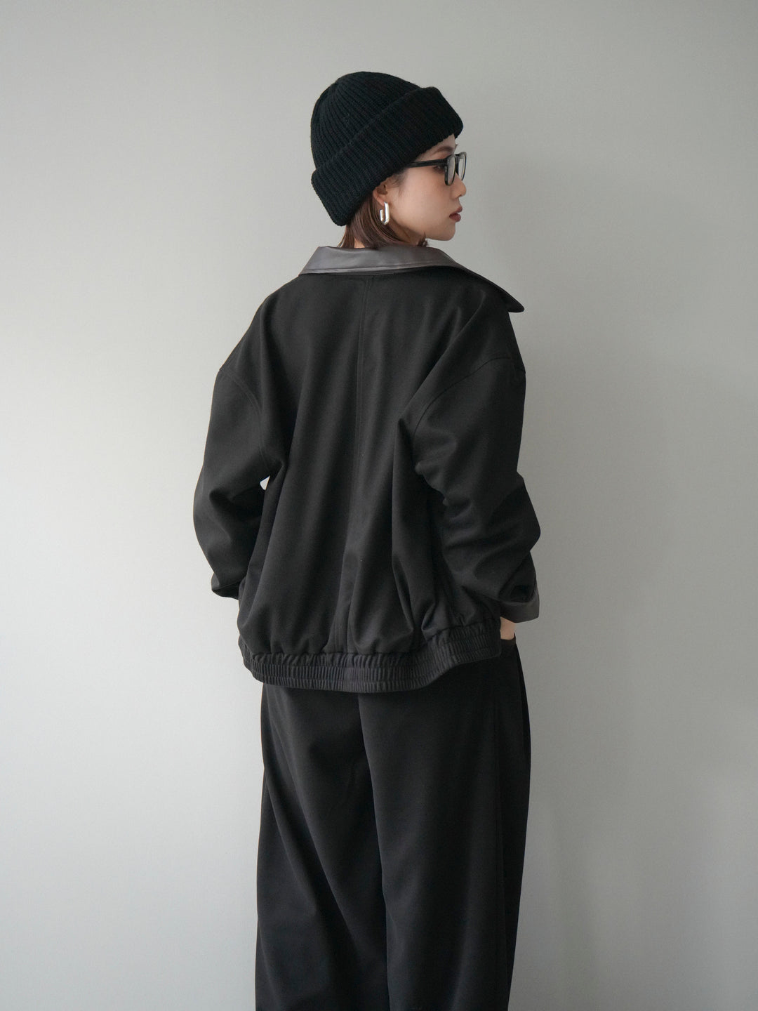 [予約]レザー襟配色パイピングブルゾン/black