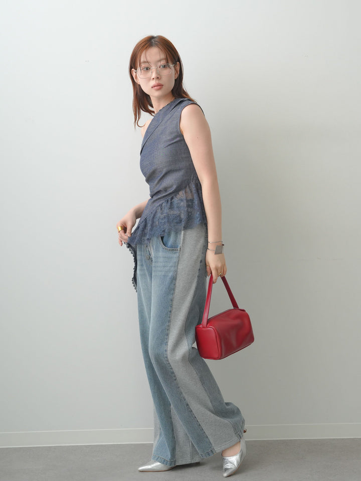 [SET]アシンメトリーラッフルレースヘムトップス+デニム切替スウェットパンツ(2set)