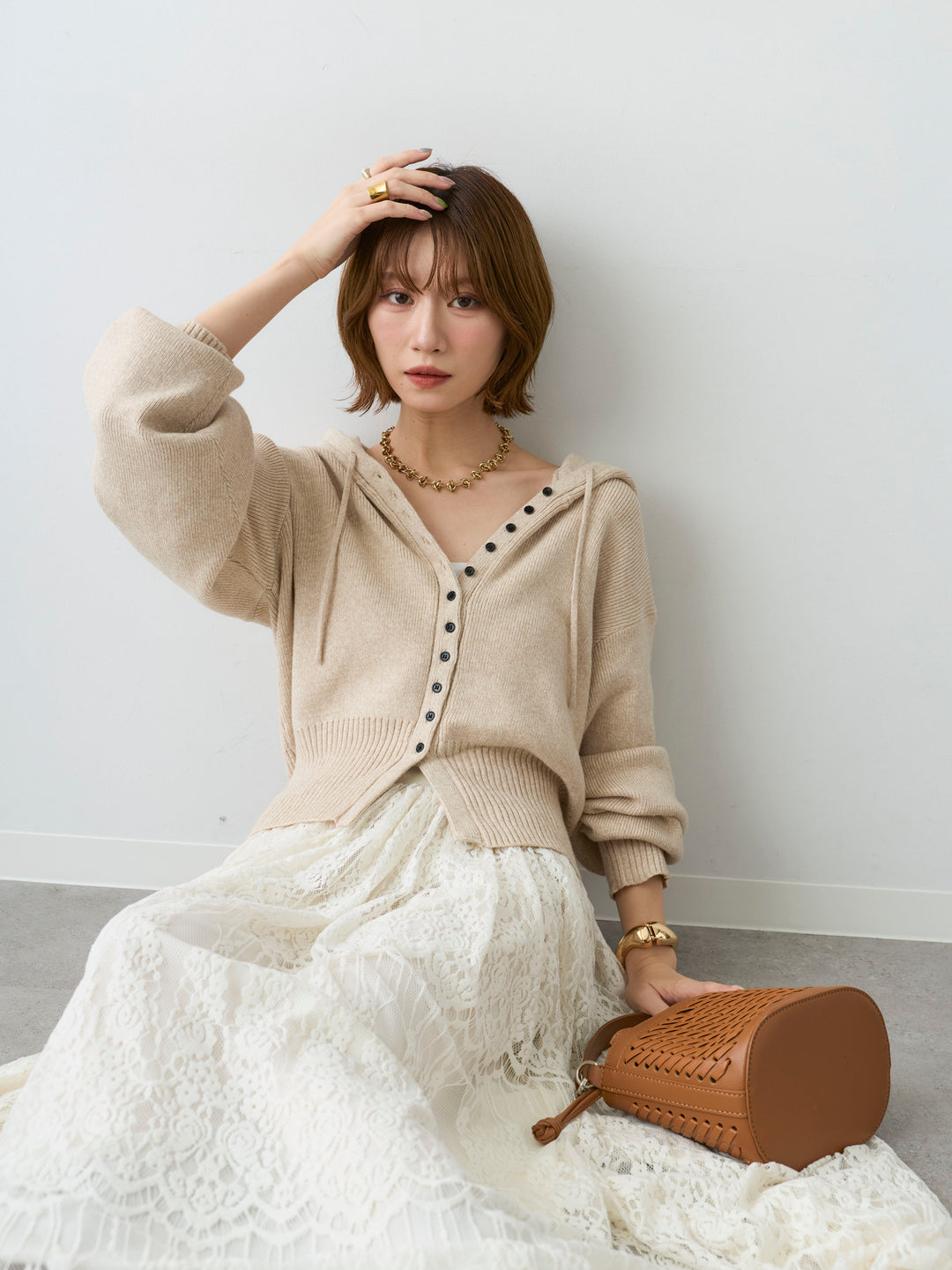 [SET]メランジボリュームスリーブフードニットカーディガン+ベロアレースドレープフレアスカート(2set)