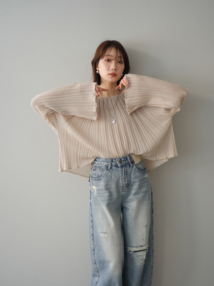 [予約]プリーツシアーフレアスリーブニットトップス/beige