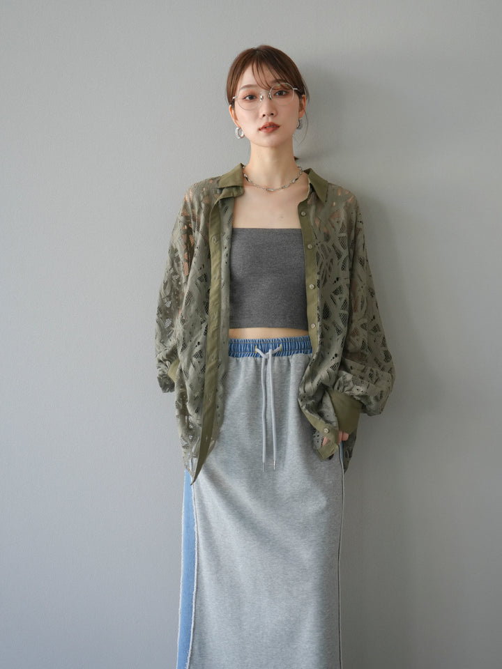 [SET]コードレースオーバーシャツ+デニムドッキングスウェットスカート(2set)