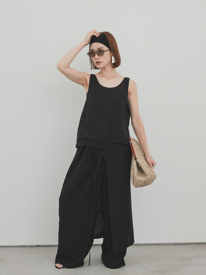 [SET] 洗衣機緞面透明層疊背心 + 洗衣機緞層疊裙褲 (2set)