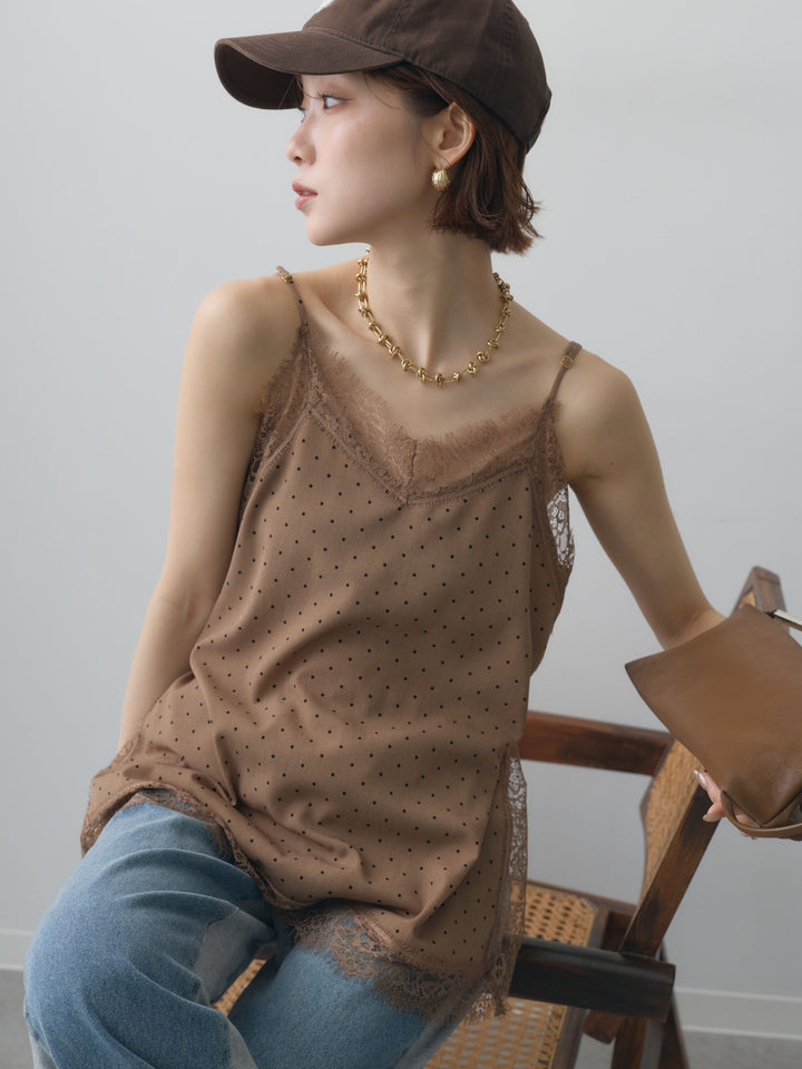 [SET]ジョーゼットドットレースキャミソール+デニム切替スウェットパンツ(2set)