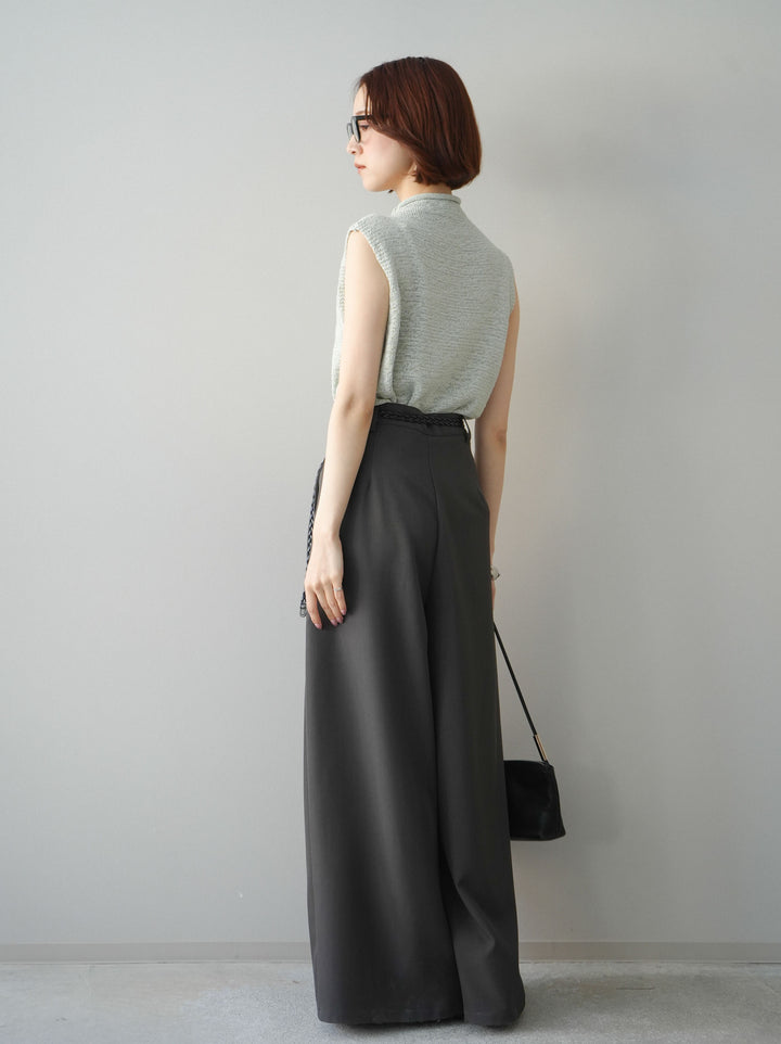 [SET]ノースリーブリネンタッチシアーニットプルオーバー+編み込みベルト付タックワイドパンツ(2set)