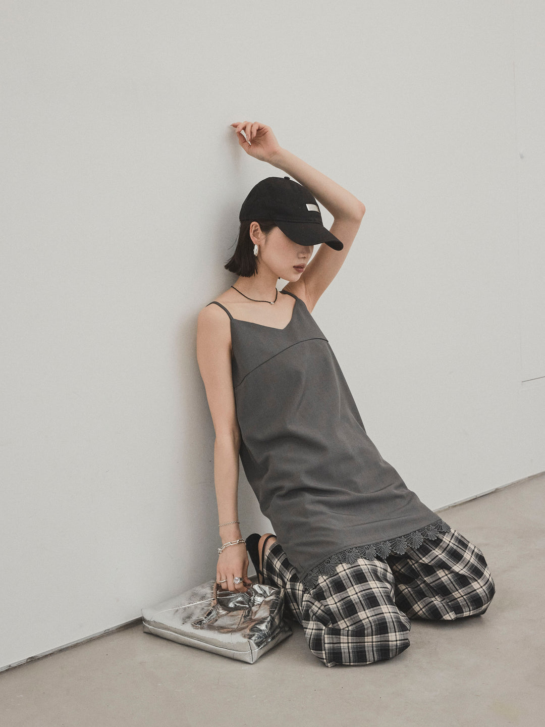 [予約]裾レース切替キャミミニワンピース/グレー