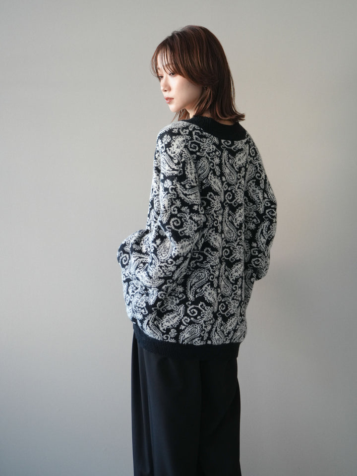 [予約]ペイズリー柄ニットカーディガン/black