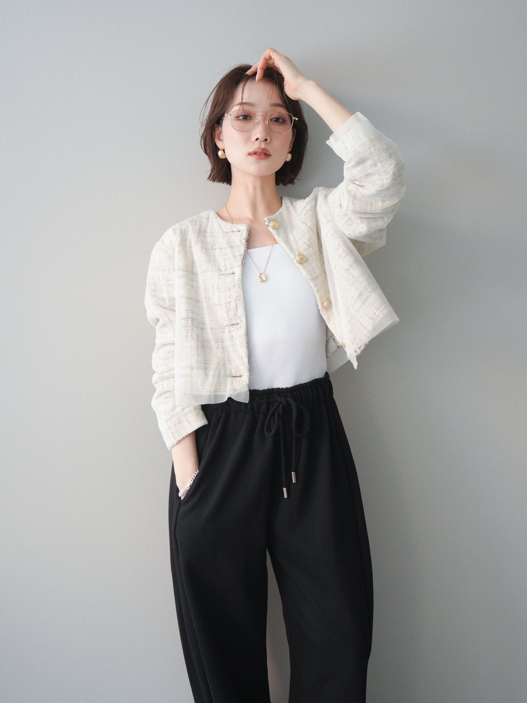 [SET]チュールレイヤードツイードクロップドジャケット+裾ZIPスエットワイドパンツ(2set)