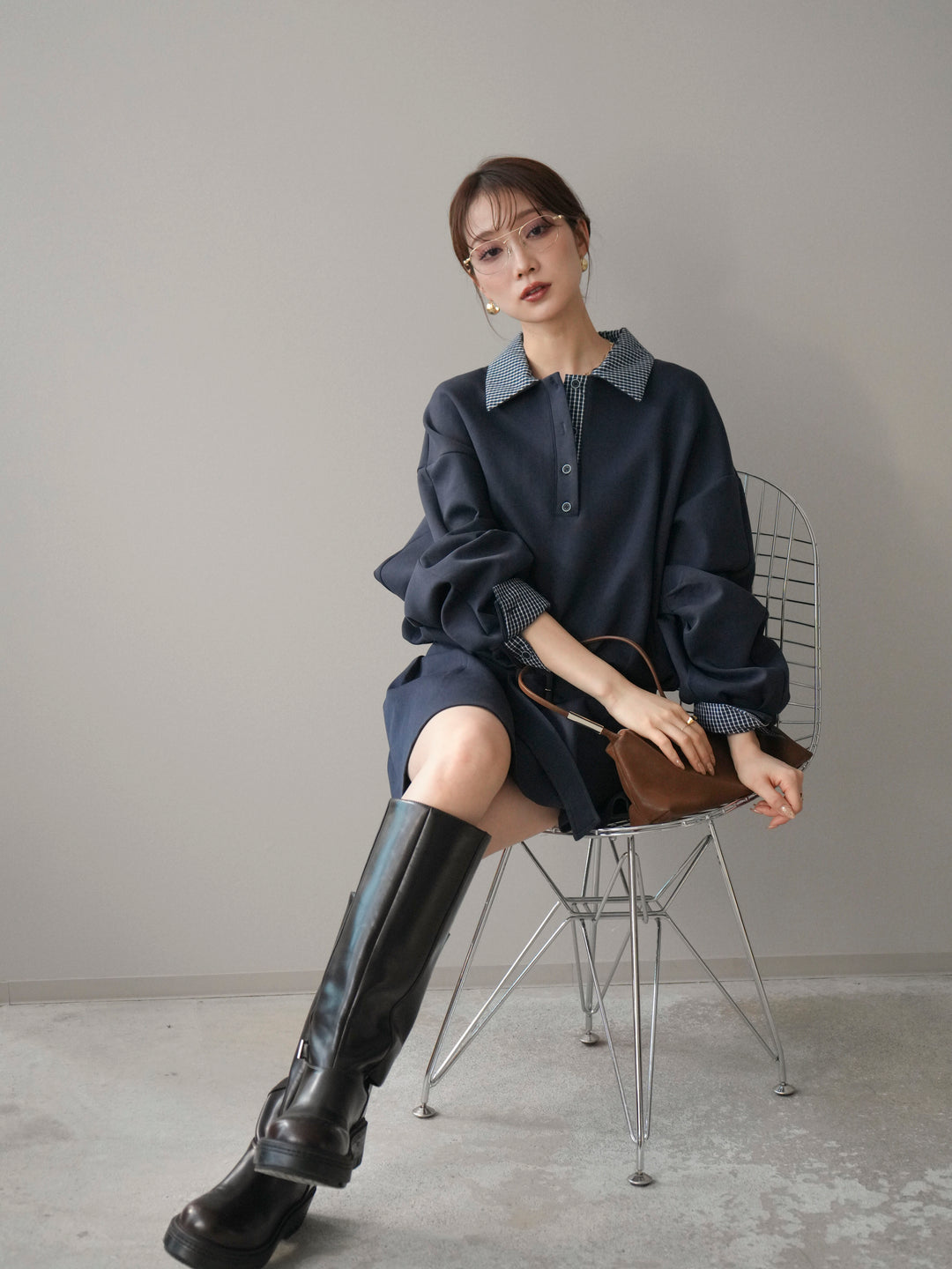 [予約]チェック襟xスエットミニワンピース/blue