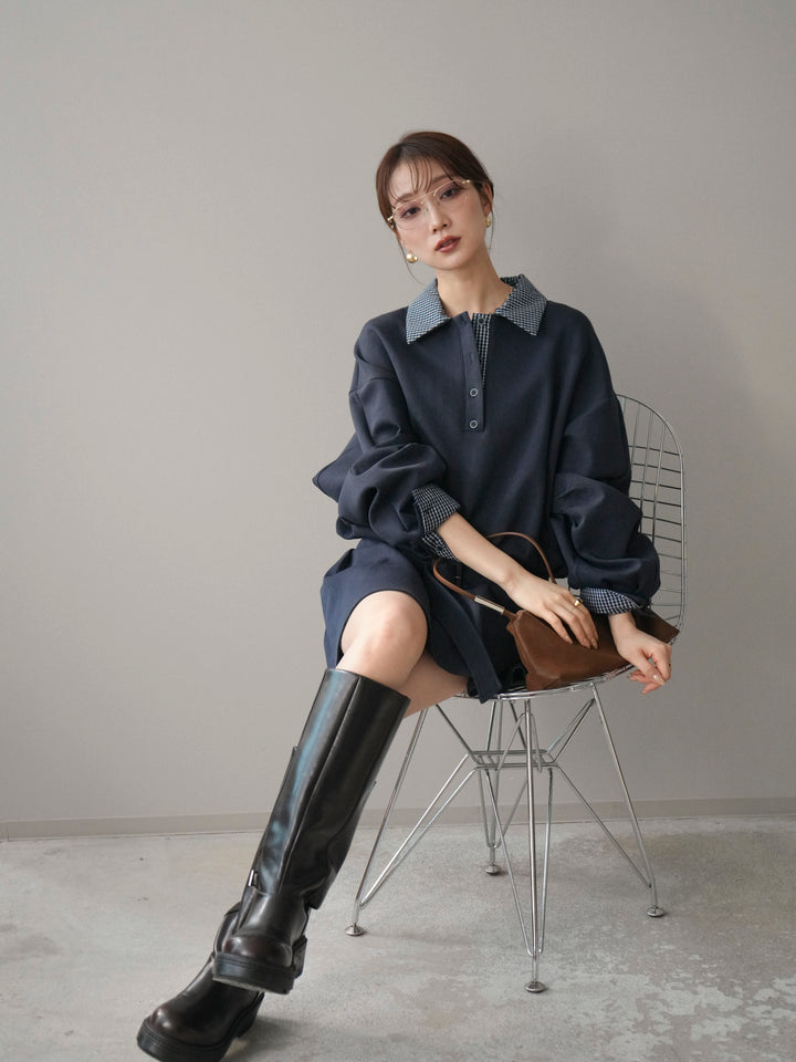 [予約]チェック襟xスエットミニワンピース/blue