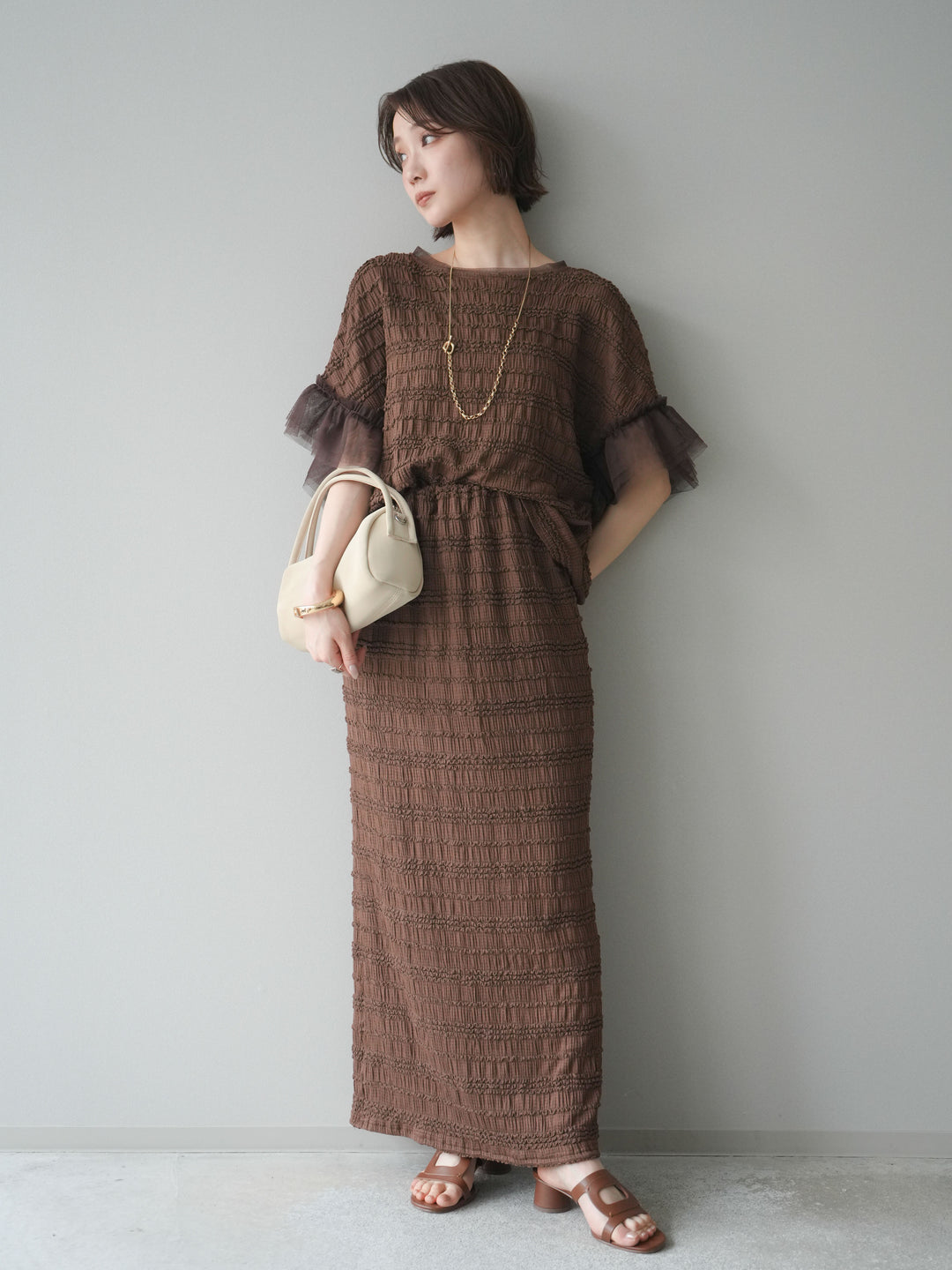 [SET]チュール袖リップルトップス+リップルIラインスカート(2set)