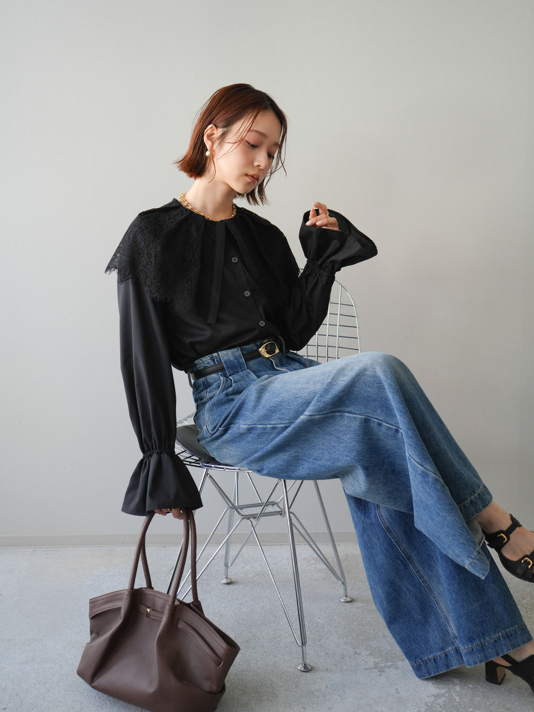 [予約]ビッグレースカラーブラウス/black