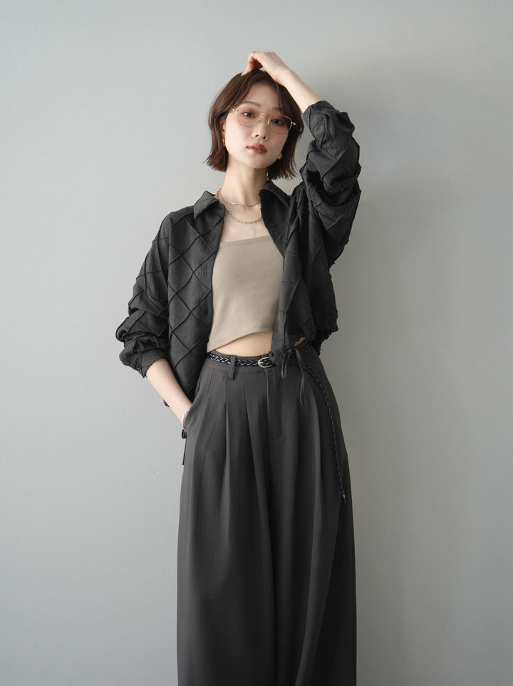 [SET]パイピングクロスデザインブラウス+編み込みベルト付タックワイドパンツ(2set)