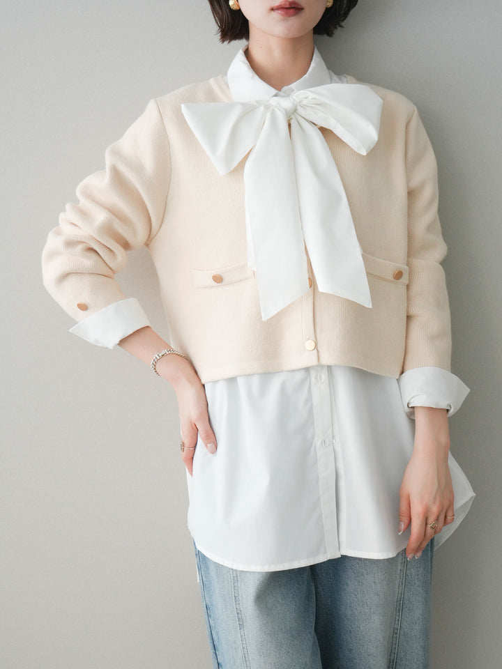 [予約]ゴールドボタンノーカラーニットジャケット/ivory