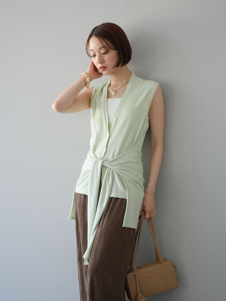 [SET]腰巻きデザインノースリーブニットカーディガン+ウェーブパイピングタイトスカート(2set)