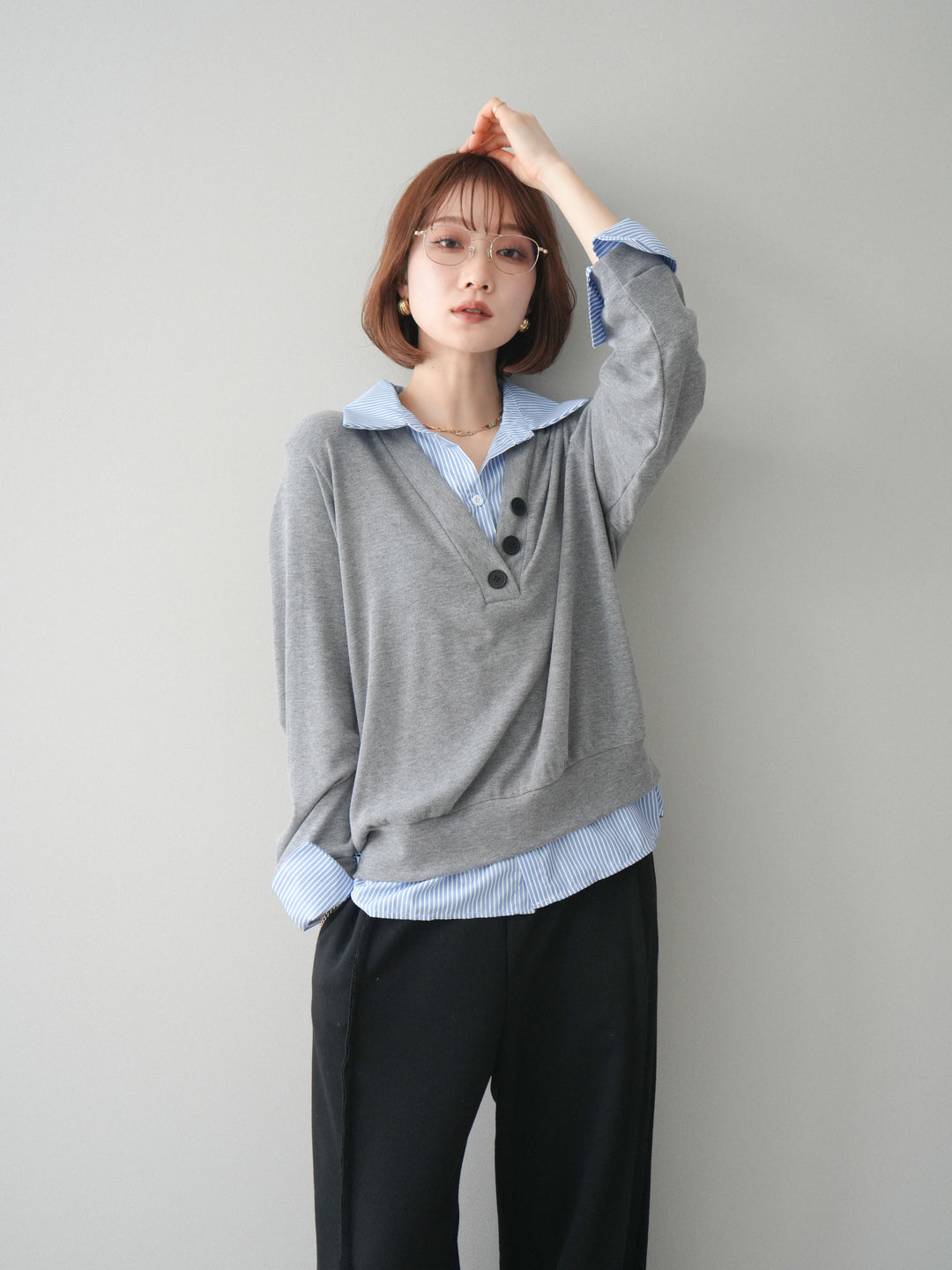 [予約]シャツレイヤードデザインカットプルオーバー/lightgray
