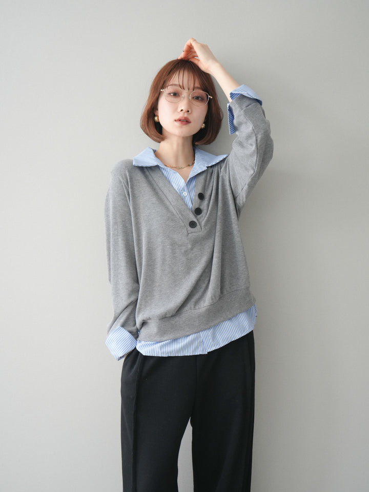 [予約]シャツレイヤードデザインカットプルオーバー/lightgray