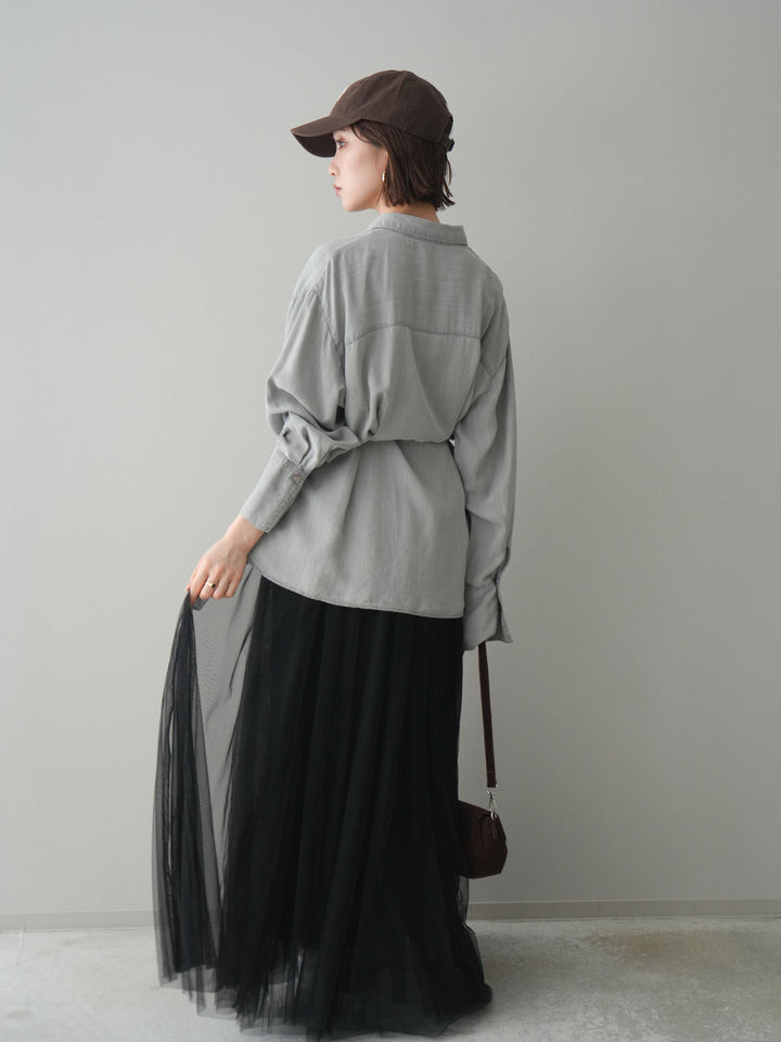 [SET]テンセルデニムタックシャツ+チュールボリュームスカート(2set)