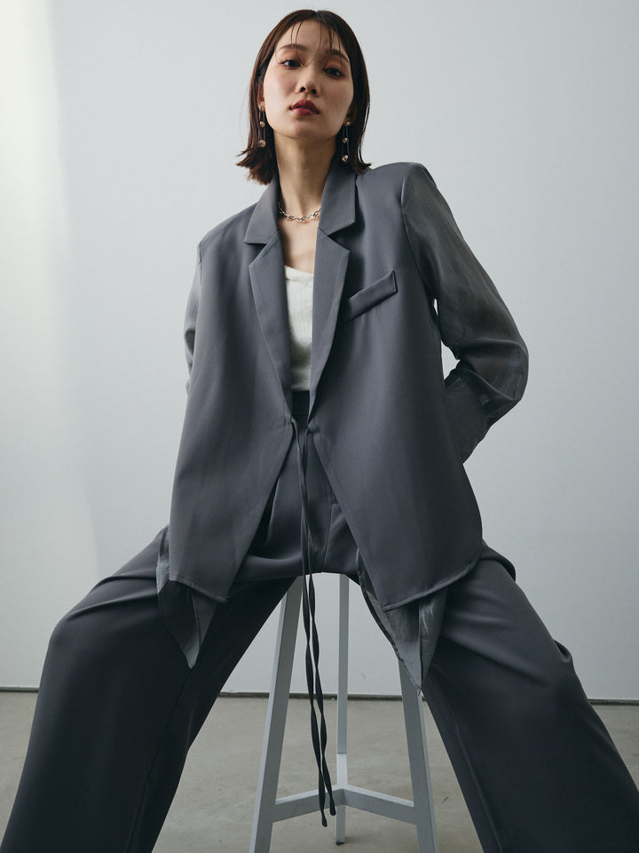 [SET]シアー切替テーラードジャケット+リネンライクカシュクールデザインビスチェ+2タックワイドパンツ(3set)