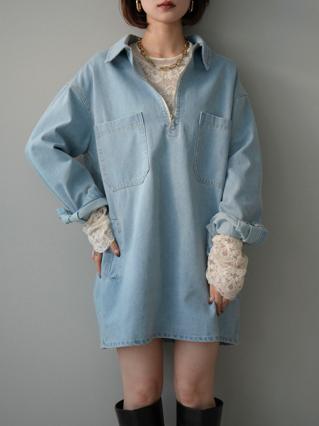 [SET]ハーフジップデニムミニワンピース+チュールレーストップス(2set)