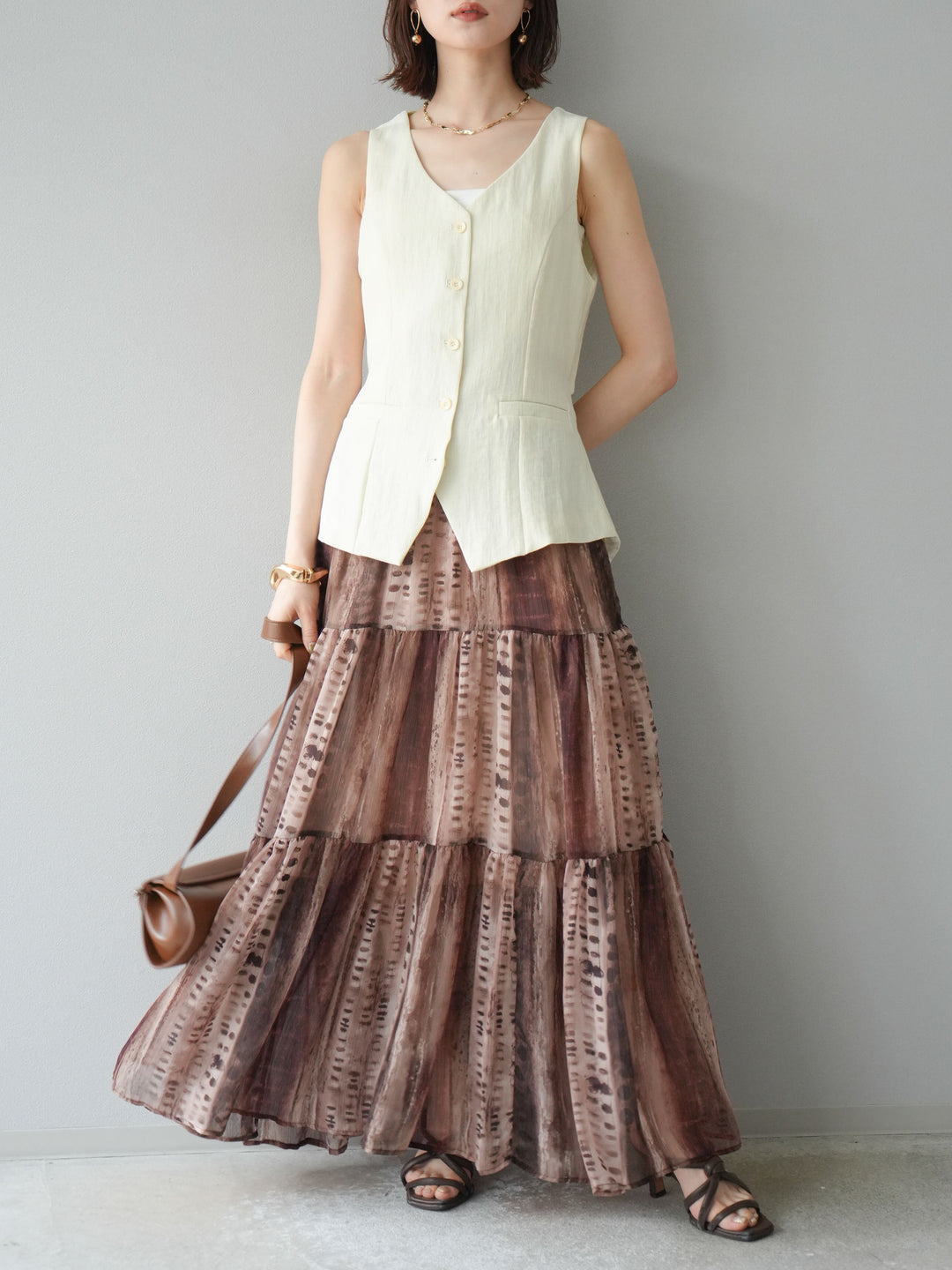 [SET]リネンタッチバックオープンベスト＆ニュアンス柄マキシスカートSET UP(2set)