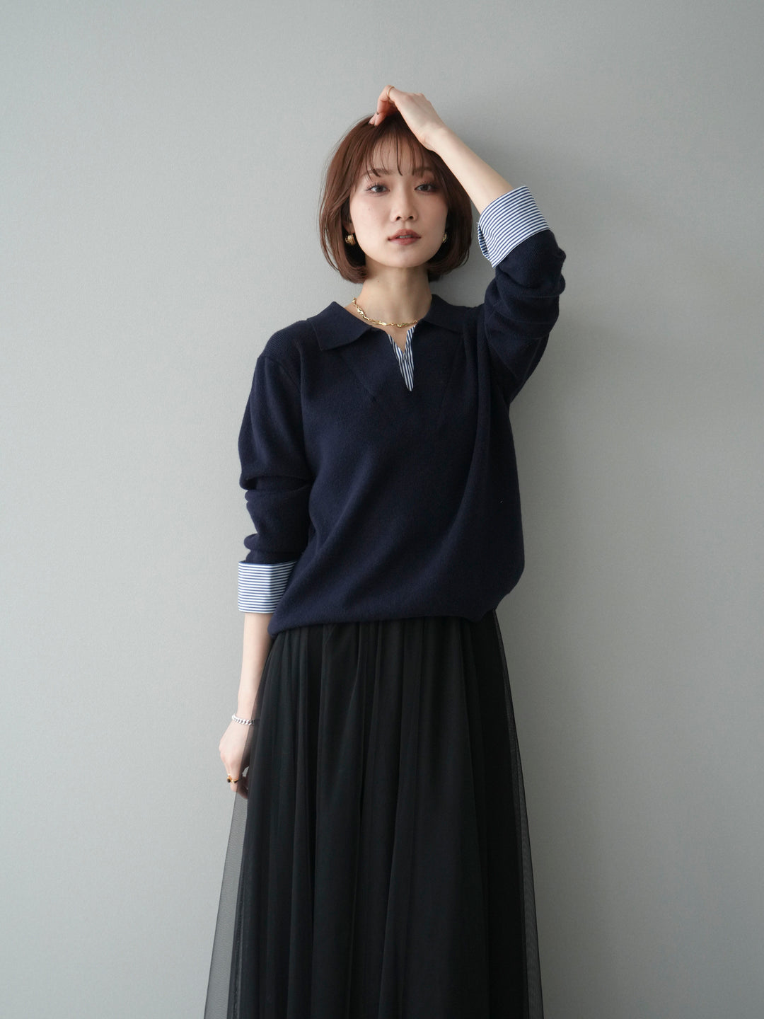 [予約]シャツレイヤードスキッパーニットプルオーバー/navy