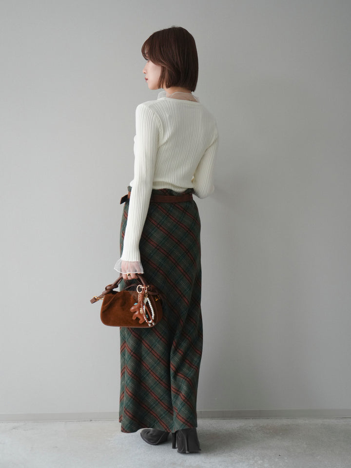 [SET]チュールドッキングリブニットトップス+ベルト付チェック柄ナロースカート(2set)