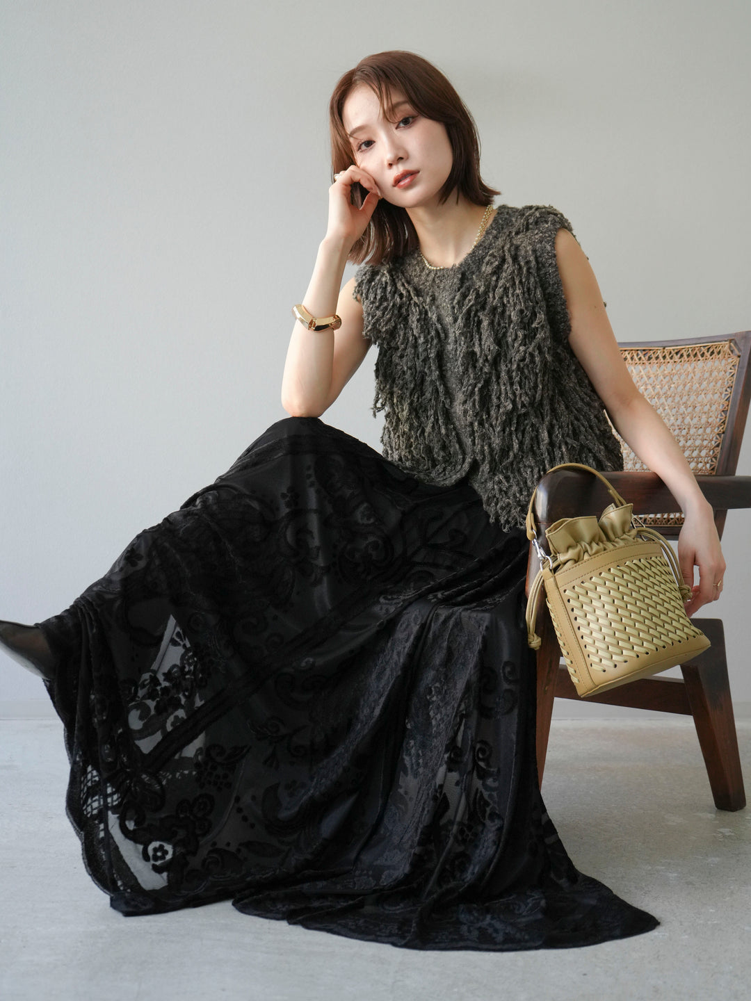 [SET]フリンジループニットベスト+アンティーク柄フロッキーマキシスカート(2set)