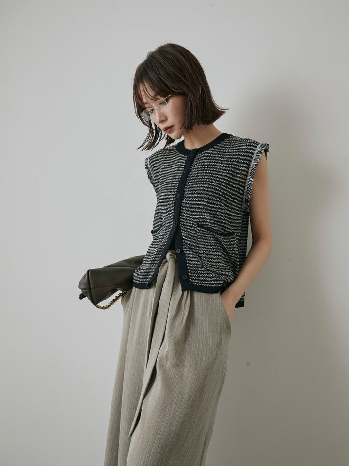 [予約]ボーダー袖フリンジニットベスト/ブラック