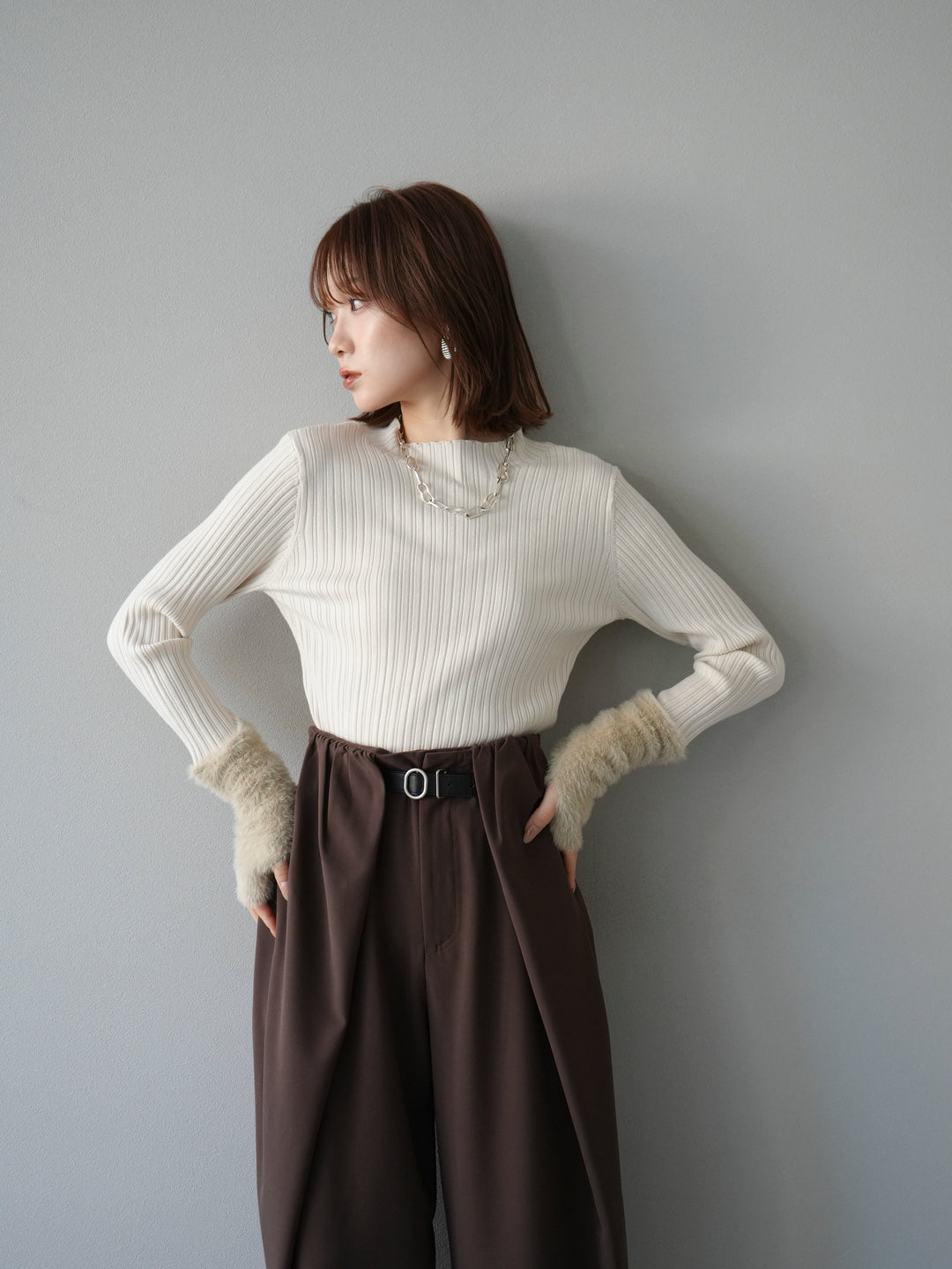 [予約]アームシャギーランダムリブニットトップス/アイボリー