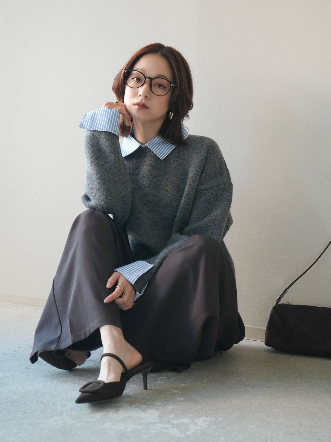 [SET]2WAYストライプ襟ニットプルオーバー+ベルトループデザインワイドパンツ(2set)