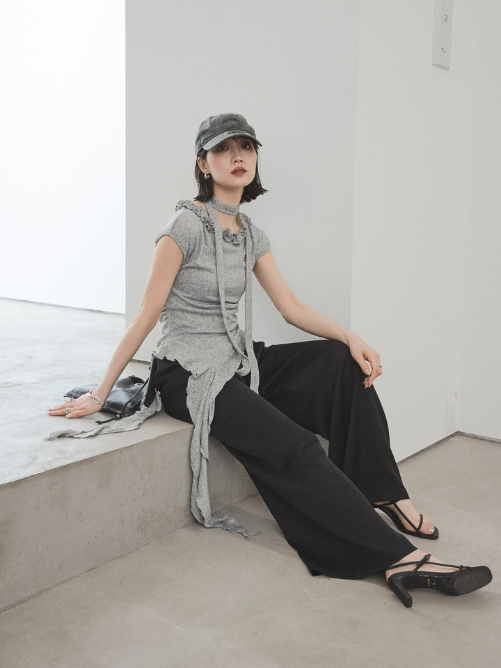 [SET]ラッフルシアーニットタンクトップ+サテンイージーパンツ(2set)