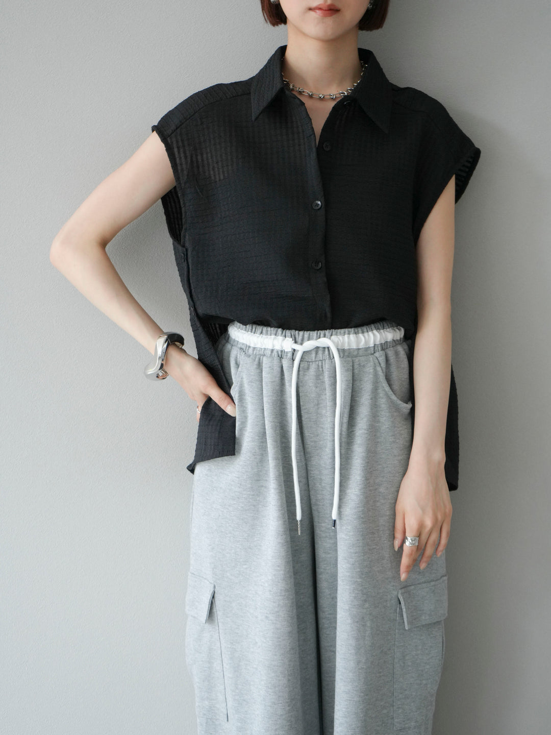 [予約]シアーチェックノースリーブシャツ/ブラック