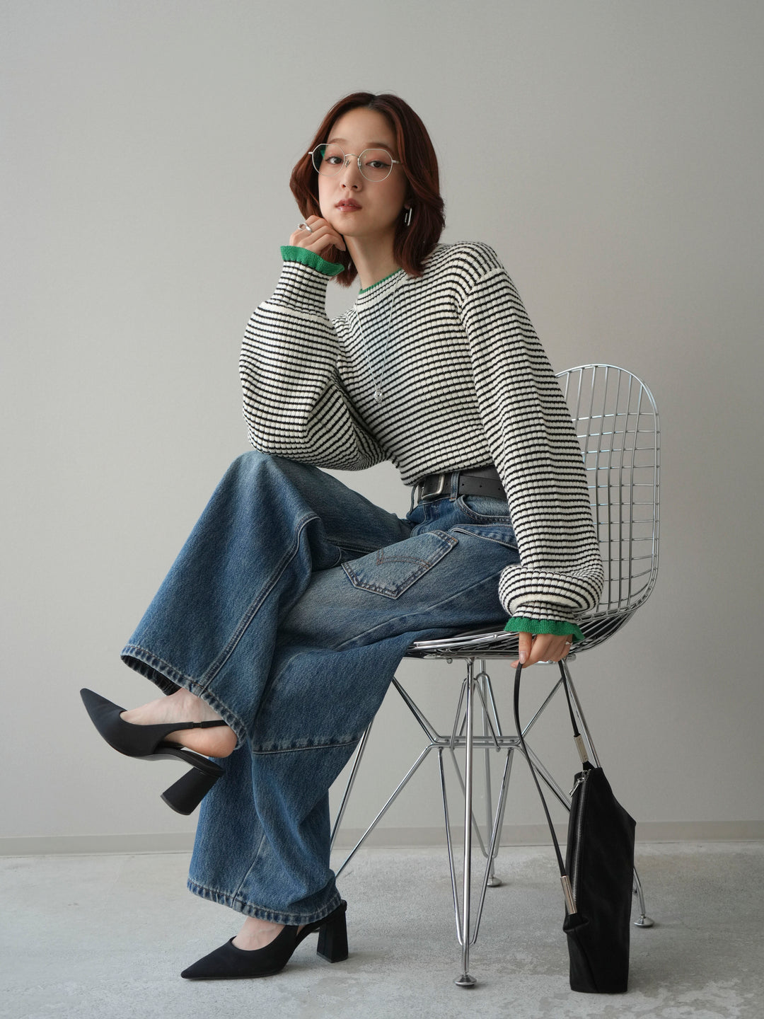 [SET]ラメ異素材ボーダーリブニットプルオーバー+ペインターカーブデニムパンツ(2set)