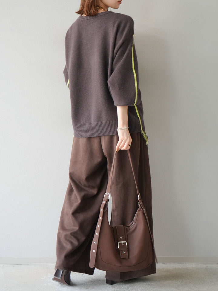 [SET]配色ステッチフリンジニットプルオーバー +スウェードタックワイドパンツ(2set)