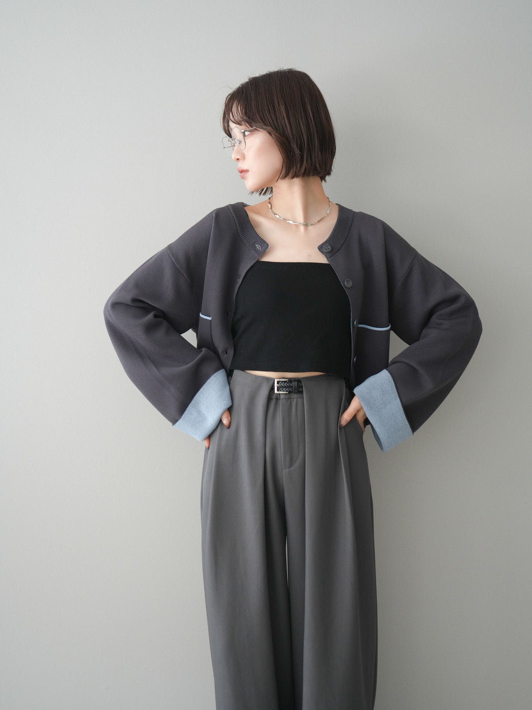 [SET]レーヨンポリダブルフェイスニットカーディガン+ベルトループデザインワイドパンツ(2set)