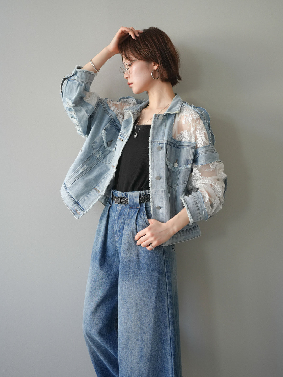 [SET]レース切替デニムジャケット+カップ付リブチュールタンク+タックベルトループデニムパンツ(3set)