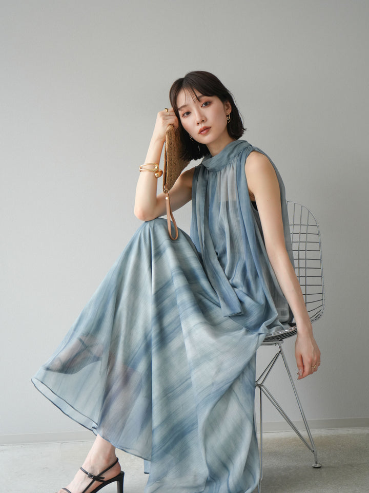 [SET]ニュアンスシアーホルターネックブラウス+ニュアンスシアーフレアスカート(2set)