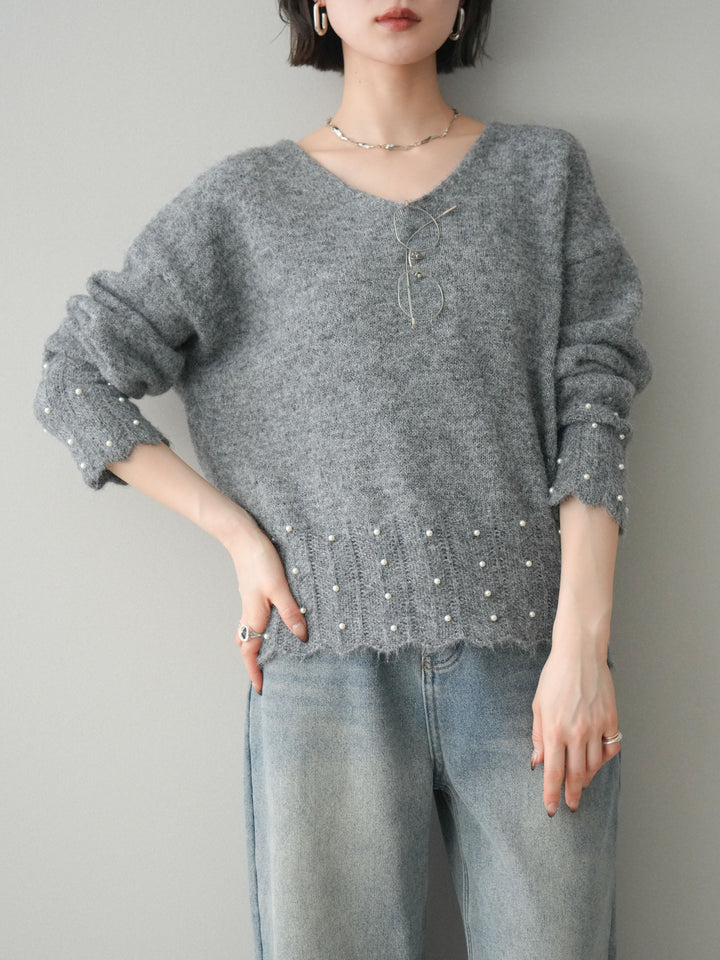 [SET]パールフリルリブヘムニットプルオーバー+選べるアクセセット(2set)