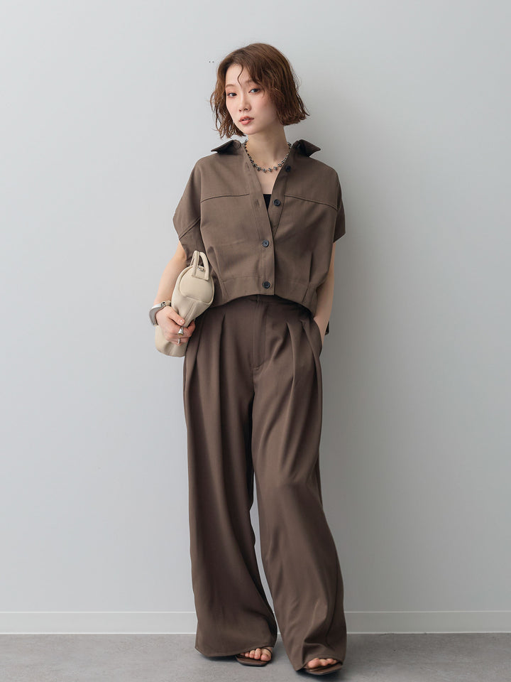 【套裝】縐綢燈籠無袖襯衫 + 縐綢闊腿褲（兩件套）