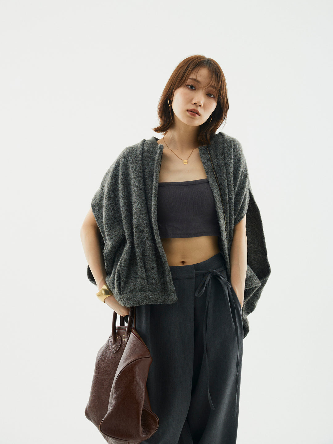 【Allure】[SET]ウール混コクーンブルゾン+ラップデザインタックワイドパンツ(2set)