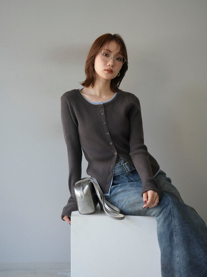 [予約]レイヤード配色ニットカーディガン/グレー