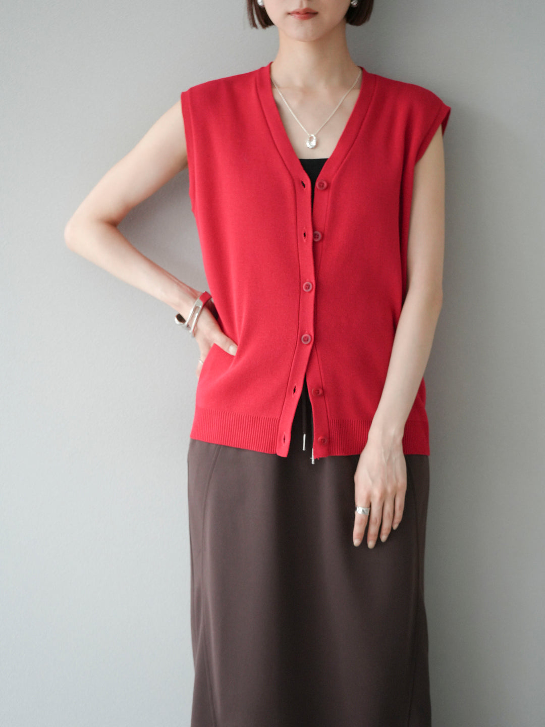 [SET]Vネックレーヨンニットベスト+スウェットロングスカート(2set)