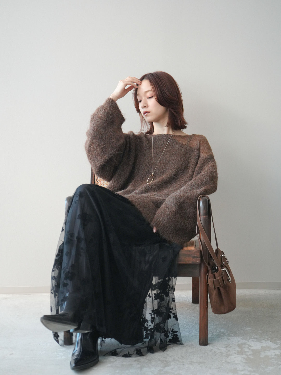 [SET]透かしデザインニットプルオーバー+フラワーフロッキーチュールプリーツスカート(2set)