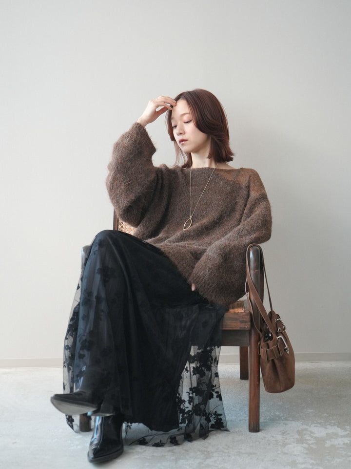 [SET]透かしデザインニットプルオーバー+フラワーフロッキーチュールプリーツスカート(2set)