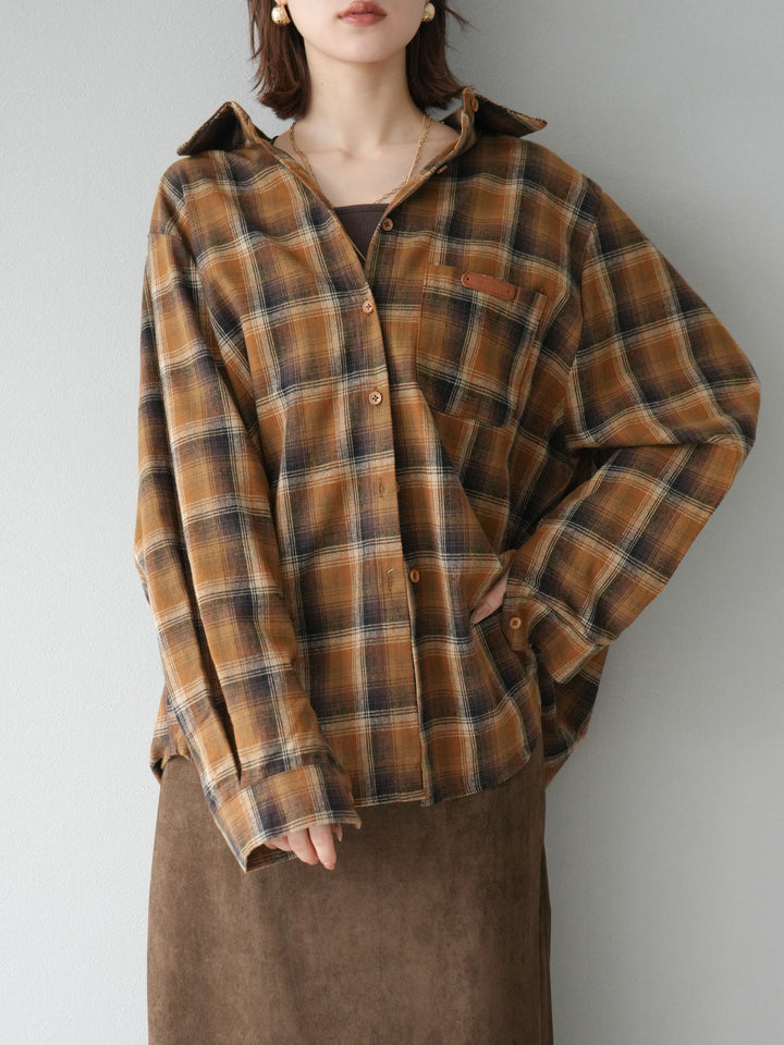 [予約]起毛チェックオーバーシャツ/キャメル
